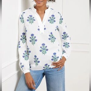 Talbots White Blouse with Blue Floral Design